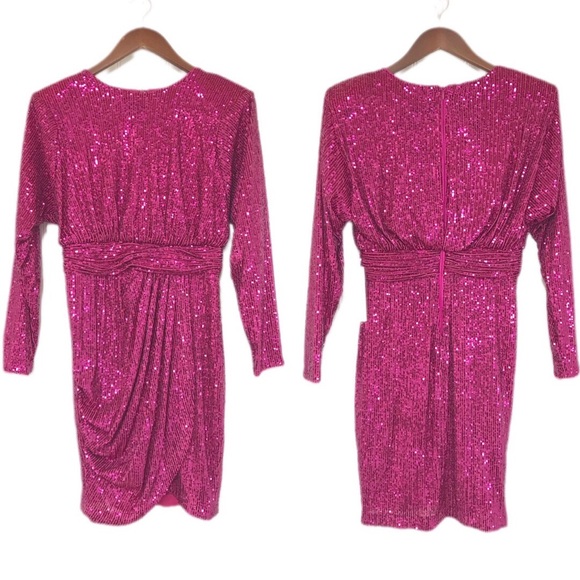 ELIZA J Hot Pink Sequin Long Sleeve Mini Dress Formal Cocktail Party‎ Size 6 New - Picture 2 of 15